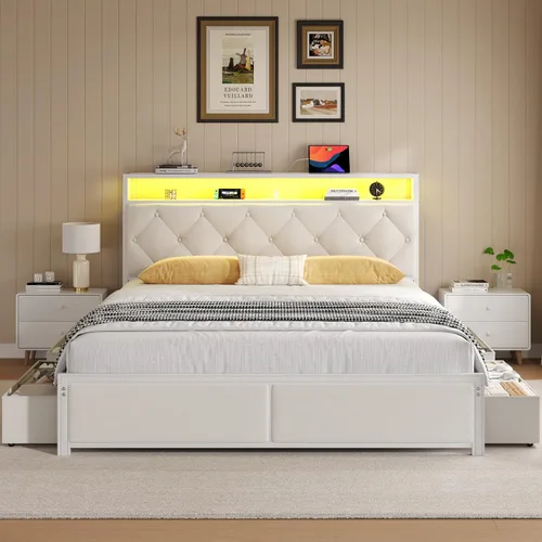 Vista 3 de Fluest Base de cama Queen con cabecero, cajones de almacenamiento, estación de carga rápida, luces LED, marco de cama tamaño Queen con cajones
