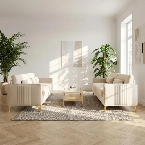 Vista 9 de Sofá de terciopelo de 85.63 pulgadas, moderno sofá biplaza con almohadas, juego de 2 para sala de estar, dormitorio, muebles de apartamento con Beige