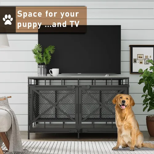 Vista 6 de Muebles de jaula para perros, mesa de madera para perrera, casa grande resistente para perros de interior con tres puertas, 43 pulgadas