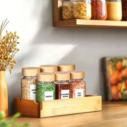Vista 6 de ComSaf - Tarros de vidrio para especias con etiquetas de 4 onzas, paquete de 6 tapas pequeñas de bambú Empty Containers, Seasoning Herb Powder