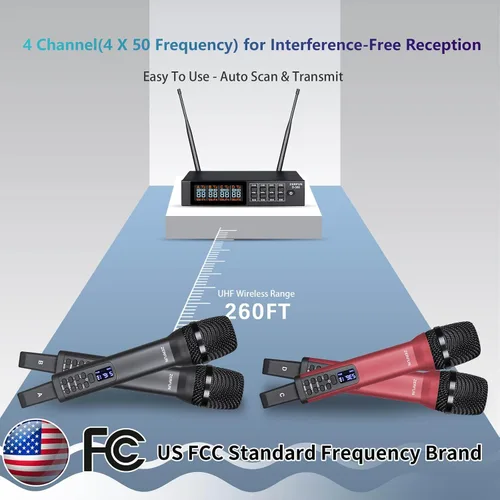 Vista 8 de Sistema de micrófono inalámbrico recargable de 4 canales Pro, micrófonos inalámbricos de mano UHF con control VOL Echo Treble BASS, pantalla LCD