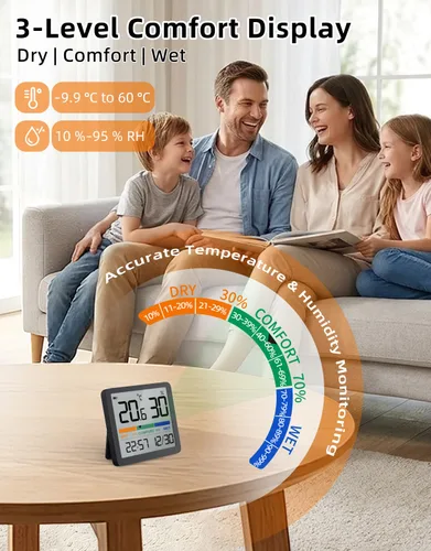 Vista 2 de NOKLEAD Termómetro higrómetro para interiores, mini monitor digital de temperatura y humedad de escritorio con indicador de comodidad y reloj