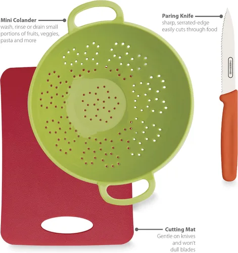 Vista 2 de Farberware Healthy Eating - Juego de 3 piezas con mini colador con cuchillo de pelar, alfombrilla de corte pequeña