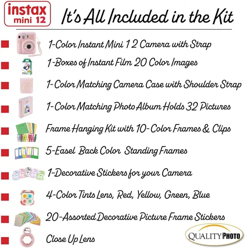 Vista 3 de Fujifilm Cámara instantánea Instax Mini 12 con funda, 20 impresiones de Fujifilm (rosa flor), calcomanías decorativas, marcos, álbum de fotos y más