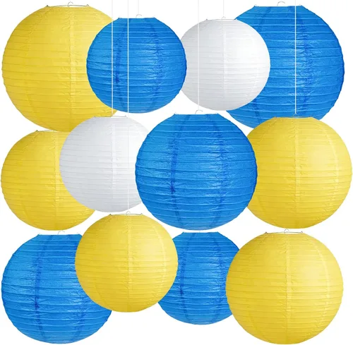 Vista 8 de 12 Linternas de Papel Azul, Blanco y Verde Menta de Tamaños Variados (6" 8" 10" 12") para Decoración del Hogar, Boda, Cumpleaños, Decoraciones
