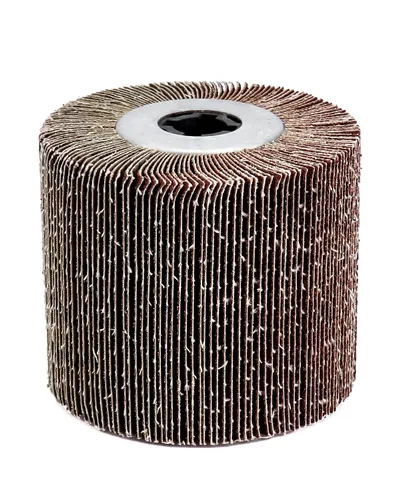 Vista 2 de QWORK Rueda de lijado de solapa, paquete de 2 ruedas de pulido de trefilado, cepillo de pulido de tambor de óxido de aluminio, 4.5 x 4 pulgadas