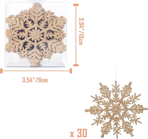 Vista 5 de Adornos de copos de nieve de plástico brillante de 4 pulgadas (30 unidades, champán)