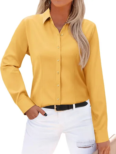 Vista 17 de Gleeivy - Camisas abotonadas para mujer, sin arrugas, de manga larga, camisas de vestir casuales con cuello V, ajustadas, de un solo
