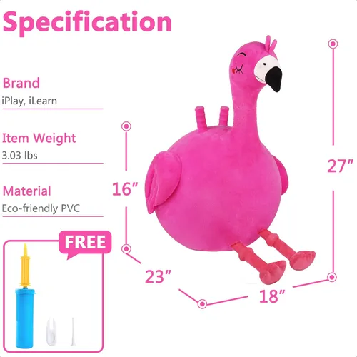 Vista 6 de iPlay, iLearn Bouncy Pals - Pelota inflable de flamenco para niños, juguetes inflables para saltar de animales que rebotan, gorila de felpa rosa