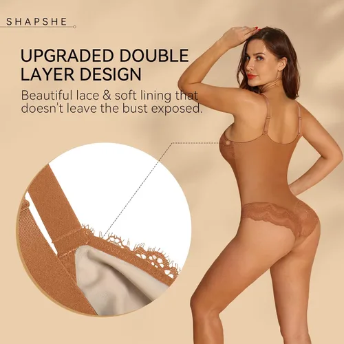 Vista 2 de SHAPSHE Body de encaje para mujer, con control de abdomen, sin mangas, cuello en V, sin espalda, camisola