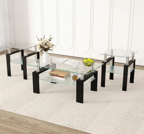 Vista 14 de Juego de 2 mesas auxiliares de cristal, mesa auxiliar pequeña de 2 niveles con parte superior de vidrio templado y patas de metal, mesa de esquina