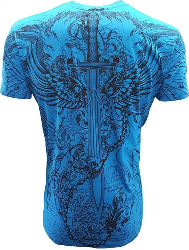 Vista 6 de KonflicUSA Camiseta para hombre con diseño de espada y cadenas, diseño de águila, diseño de espada y cadenas, color plateado metálico, cuello