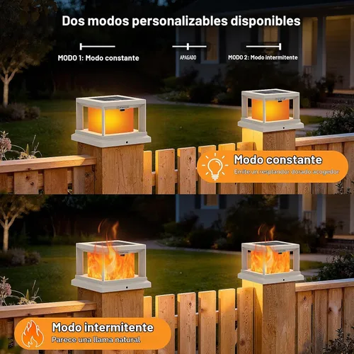 Vista 4 de Luces solares para punta de poste con llama parpadeante al aire libre, luz solar impermeable alimentada por energía solar para poste de cubierta