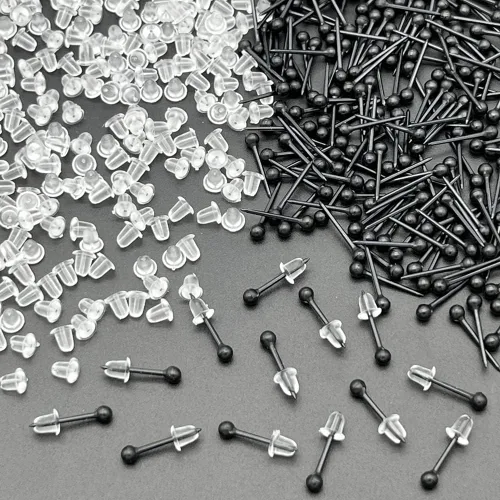 Vista 5 de Aretes de plástico negro para deportes, 300 pares de aretes de plástico y parte trasera de aretes
