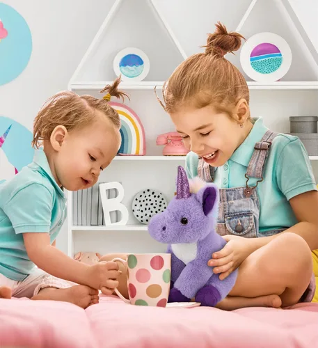 Vista 5 de DolliBu Peluche de unicornio morado – Unicornio suave para abrazar, adorable juguete de peluche de unicornio para jugar, lindo regalo de fantasía