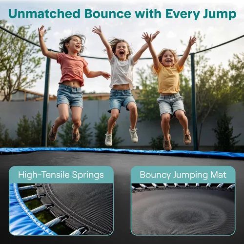 Vista 3 de SereneLife - Trampolín al aire libre de 8 pies, 10 pies, 12 pies, 14 pies con red de cierre, escalera y revestimiento antioxidante - Trampolín