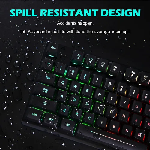 Vista 9 de Teclado para juegos, teclado de membrana con cable de 105 teclas, teclado retroiluminado LED arcoíris, diseño de tecla flotante, panel de aleación