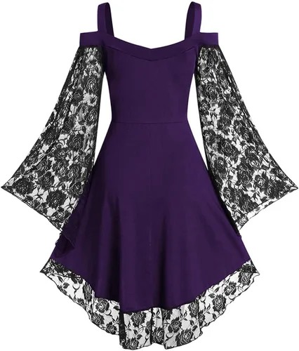 Vista 5 de Women Renaissance Dress Strap Lace Up Flare Sleeves Swing Knit Dress Halloween Victorian Dress One Shoulder Dress