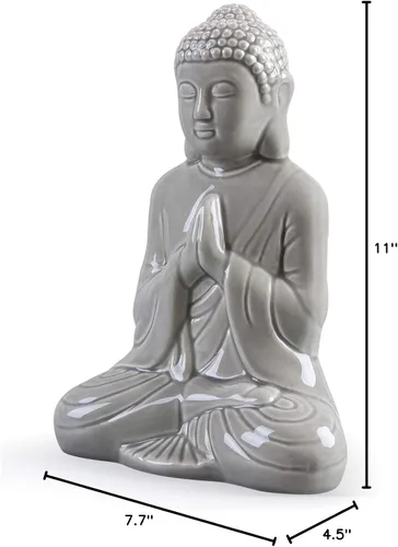 Vista 7 de Figura de Buda rezando de cerámica, estatua mediana serena (11 pulgadas de alto, gris)