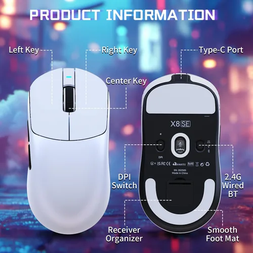 Vista 9 de ATTACK SHARK X8SE - Mouse inalámbrico para juegos, sensor óptico ajustable de 25 K DPI PAW3311, ergonómico de 2.08 oz ligero, triple modo