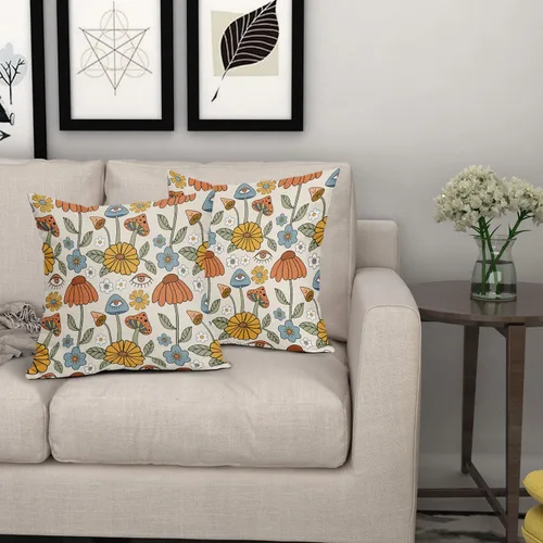 Vista 6 de Juego de 2 fundas de almohada retro bohemias, florales, amarillas y naranjas, de 16 x 16 pulgadas, estilo vintage de los años 70, con bonitos hongos