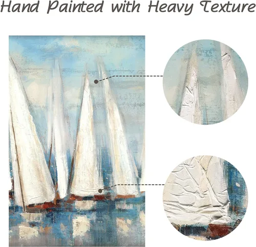 Vista 3 de Pintura enmarcada de paisaje marino: arte abstracto del océano, imagen costera, impresiones de veleros en madera en estilo moderno para decoración