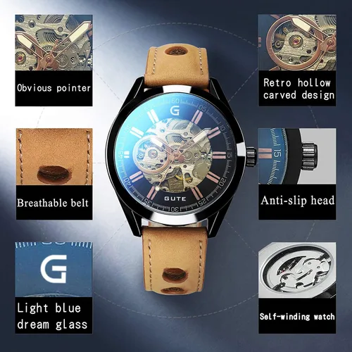 Vista 3 de GLEIM Gute - Reloj de pulsera para hombre, esqueleto mecánico automático automático y steampunk para hombre, reloj casual de cuero marrón