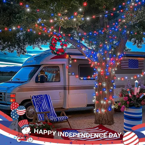 Vista 6 de JMEXSUSS Luces rojas blancas y azules con cable transparente, 66 pies, 200 luces LED para decoración del 4 de julio, luz de Navidad para celebración