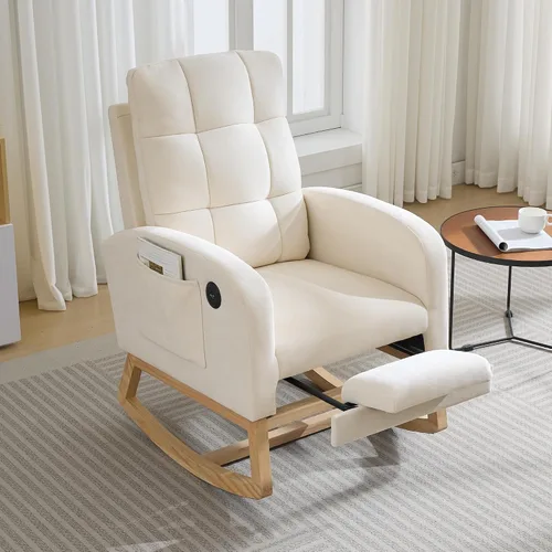 Vista 11 de Garvee Silla mecedora moderna para guardería, cómoda silla mecedora con bolsillo lateral y reposapiés, respaldo alto reclinable para sala