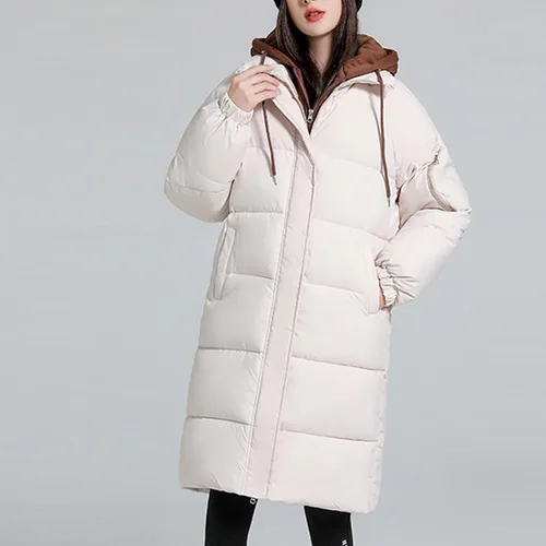 Vista 4 de Chaqueta acolchada suelta con capucha gruesa de dos piezas de algodón cálido chaqueta de color sólido con cordón para mujer