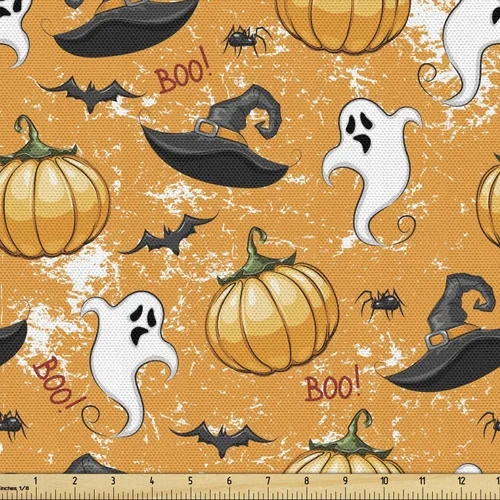 Vista 119 de Ambesonne The Yard, tela de calavera colorida con temática de Halloween, diseño de calavera y huesos cruzados, divertido estampado de dibujos