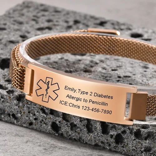 Vista 7 de VNOX Pulsera de identificación de alerta médica para hombres y mujeres, pulseras de alerta médica con grabado personalizado para mujeres y hombres