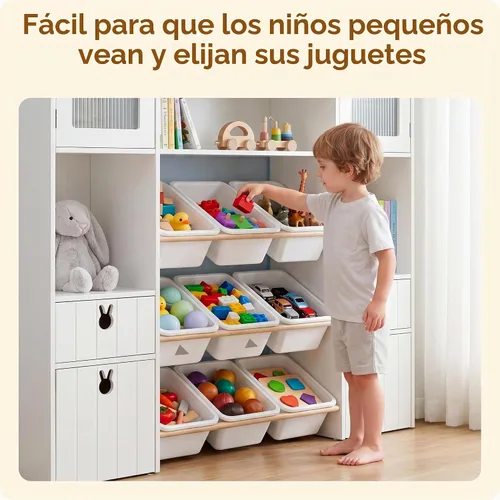 Vista 4 de Organizador de almacenamiento de juguetes para niños de 46.46 pulgadas de alto, baúl de juguetes con estante para libros, cubos de almacenamiento