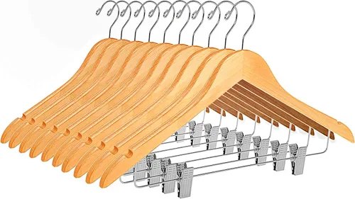 Vista 22 de Perchas de madera de calidad para faldas con clips, paquete de 10 perchas lisas de madera maciza para pantalones con clips de metal ajustables