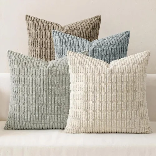 Vista 11 de Juego de 4 fundas de almohada decorativas de pana de 16 x 16 pulgadas, beige y verde Fundas de almohada suaves a rayas estilo bohemio moderno