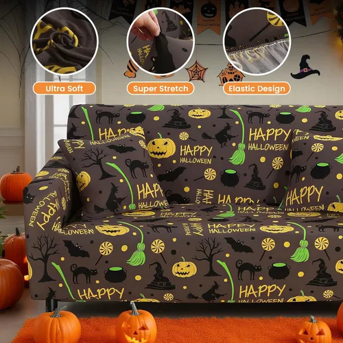 Vista 5 de Mybedsoul Funda para sofá con estampado de Halloween, funda elástica para sillón, funda para sofá de 1 pieza, lavable, protector de muebles