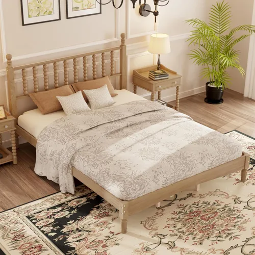 Vista 20 de JIVOIT Cama de plataforma de tamaño King con cabecera de 46.5 pulgadas de alto, marco de plataforma de madera de bambú maciza con listones de madera