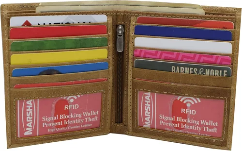 Vista 2 de MARSHAL RFID Bloqueo 2 ID Bifold Hipster Tarjeta de Crédito Billetera Genuina Cuero de Vaca, Beige Bronceado, Bifold