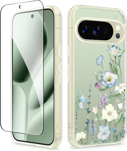 Vista 19 de GVIEWIN Funda para Google Pixel 10a con protector de pantalla, protección contra caídas de grado militar, no amarillenta, transparente, floral
