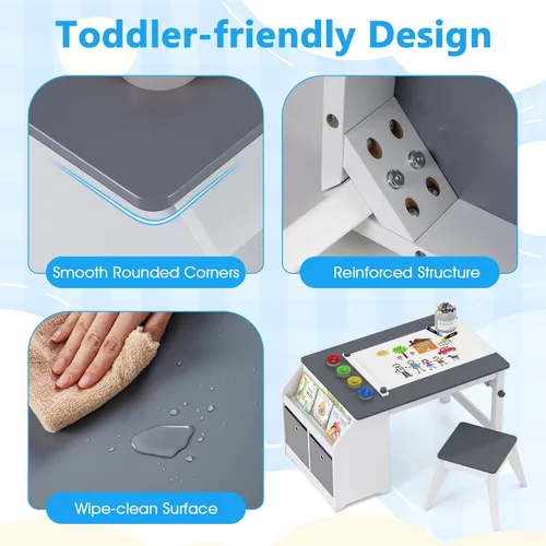 Vista 7 de Costzon Mesa y sillas de arte para niños, juego de escritorio de actividades de madera con rollo de papel, 4 tazas de pintura, estantes de Gris
