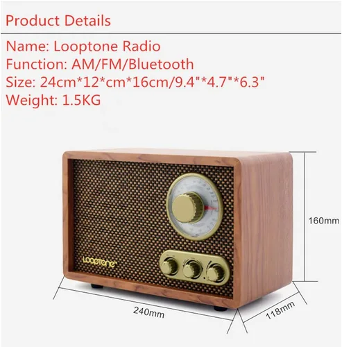 Vista 5 de Radio vintage AM FM Classic Retro Bluetooth con control de graves agudos