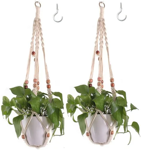 Vista 12 de Belit Paquete de 2 perchas dobles de macramé para plantas, cesta colgante de 2 niveles, cesta decorativa para macetas, cuerda para decoración