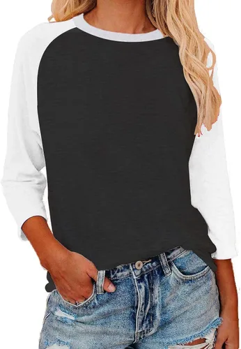 Vista 13 de Camisas de manga 3/4 para mujer, camisetas de verano con cuello redondo, camisetas básicas sueltas de mezcla de algodón para mujer