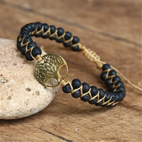 Vista 2 de Pulsera de cuerda trenzada con cuentas de piedra natural púrpura en capas, ajustable, para chakras, yoga, meditación, para mujeres y hombres, alivio