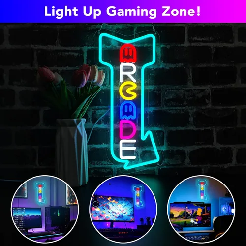 Vista 6 de Arcade - Letreros de neón con flecha de estilo retro con control remoto multifuncional para sala de juegos, luces de juego para decoración de pared