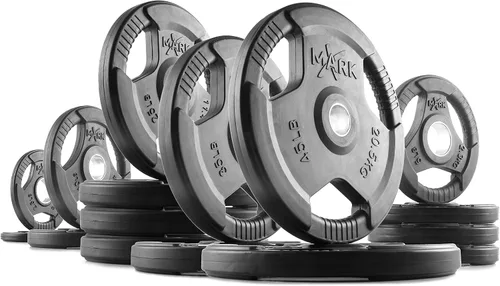 Vista 7 de XMARK TRI-GRIP - Par o juego de discos de peso olímpicos, pesas de ejercicio con revestimiento de goma para barra olímpica, juego de pesas de 01)