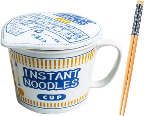 Vista 8 de Cuenco de fideos instantáneos de cerámica con tapa, taza creativa para sopa de ramen, cuenco para almuerzo para estudiantes (color azul, tamaño: S)
