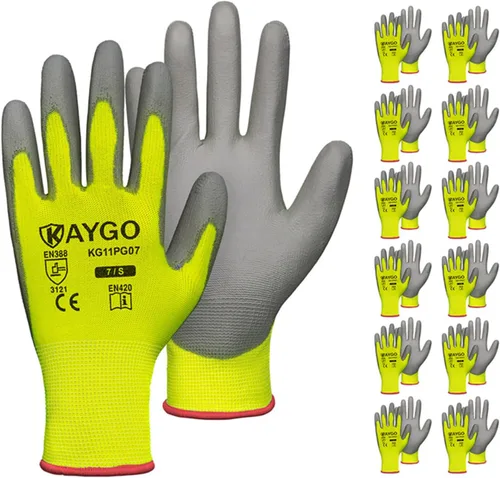 Vista 66 de KAYGO KG11PB - Guantes de trabajo de seguridad con revestimiento de poliuretano, 12 pares de guantes de punto sin costuras para hombres y mujeres