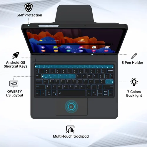 Vista 3 de Funda para teclado para Samsung Galaxy Tab A9+ A9 Plus de 11": Teclado con trackpad retroiluminado de 7 colores para Samsung Tab A9+ Plus 5G de 11