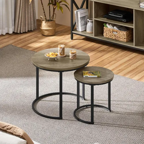 Vista 8 de Yaheetech Juego de 2 mesas auxiliares anidables, mesas auxiliares apilables rústicas, juego de mesa auxiliar anidable con mesa redonda de madera